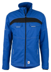 Kornblaue Bundjacke Flex mit durchgehendem Reißverschluss, Brusttaschen und Stehkragen, Mischgewebe mit Stretchanteil